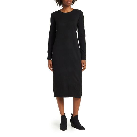 Nordstrom Rack Sweater Dress Knit Long Sleeve Crewneck Shift Midi Black Small - Picture 1 of 8